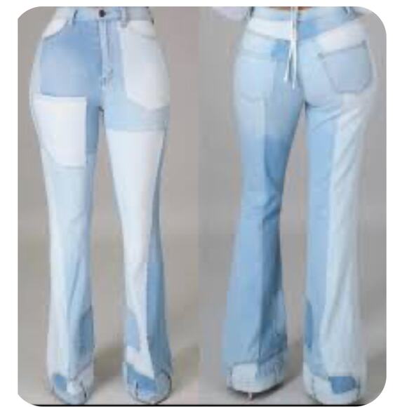 Patchwork Mixed Up Duo Denim Y2K Flared High Waist BOHO Blue Jeans Women’s 31x33 - Picture 1 of 16
